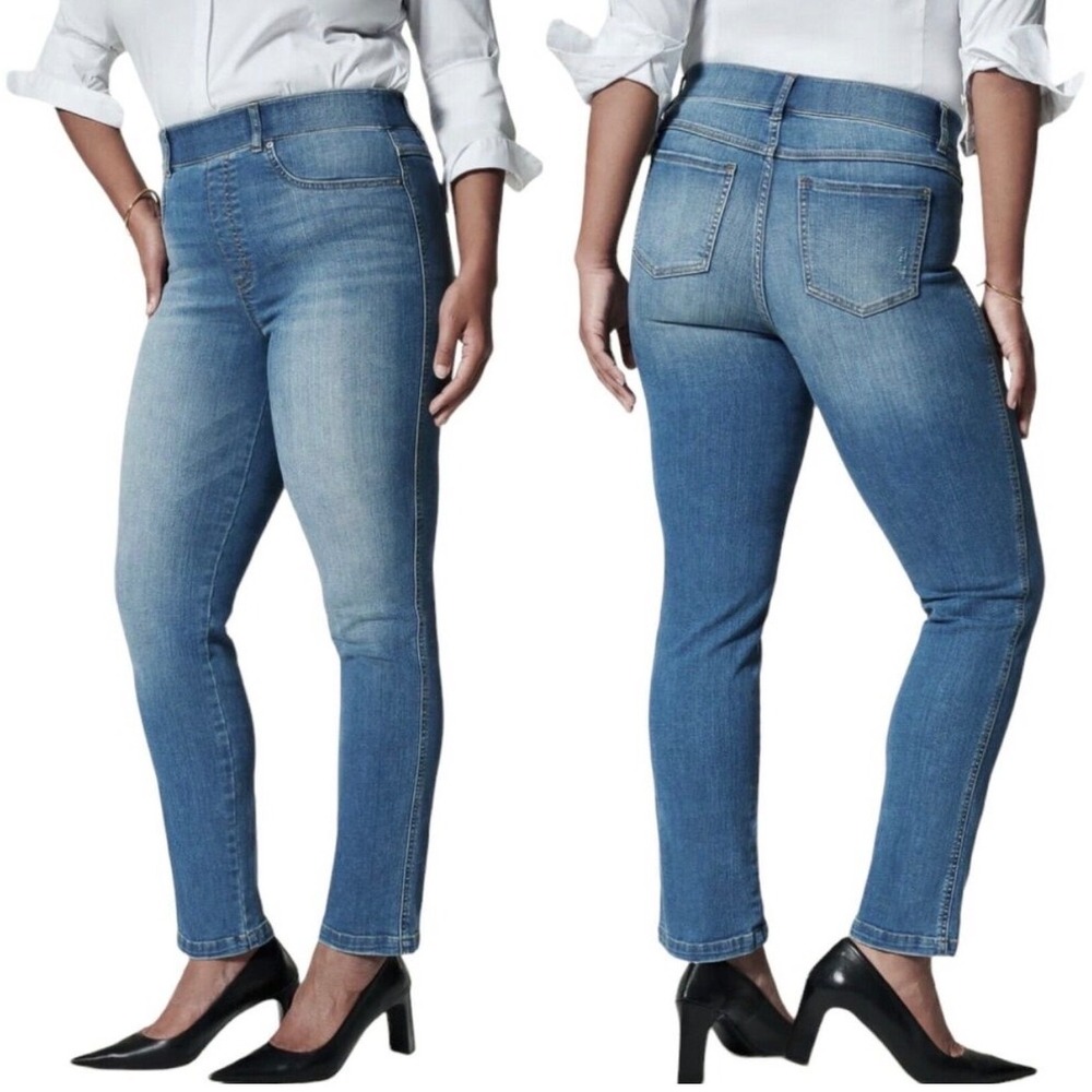 Spanx Ankle Straight Leg Jeans‎ Medium Wash Pull On Denim Petite Lrg Slimming